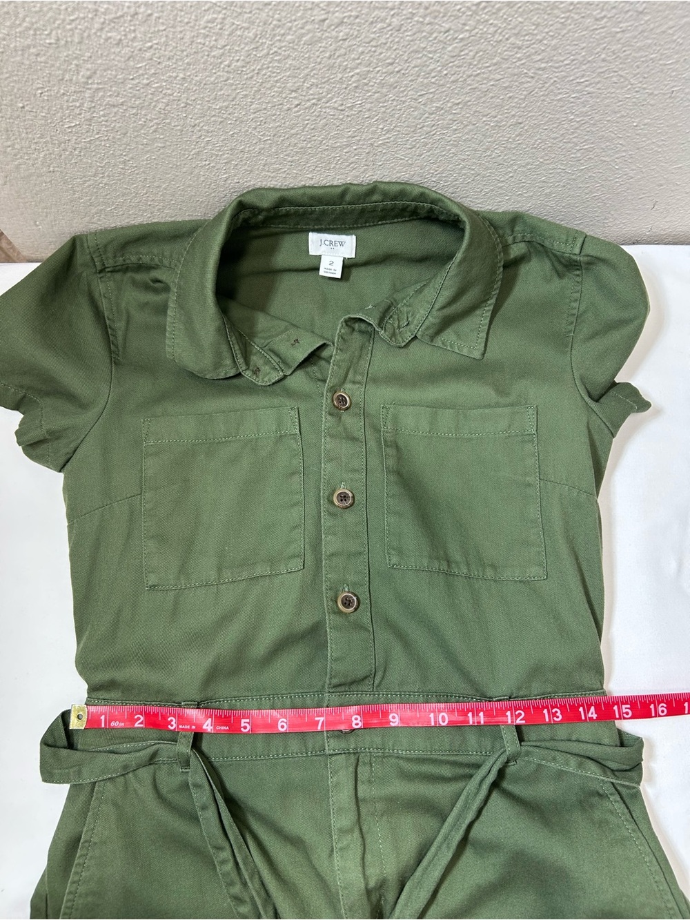J Crew Cotton Olive Green Utility Shirt Dress Belt Pockets Elastic Back Waist 2 - Picture 10 of 14